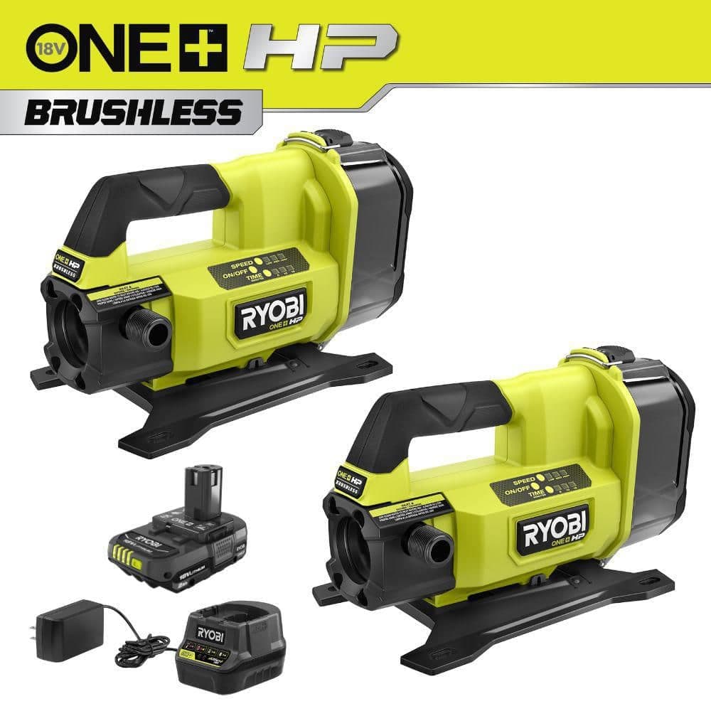 RYOBI (2) ONE+ HP 18V 1/4 hp Cordless Battery Powered Transfer Pumps with (1) 2.0 Ah Battery and Charger