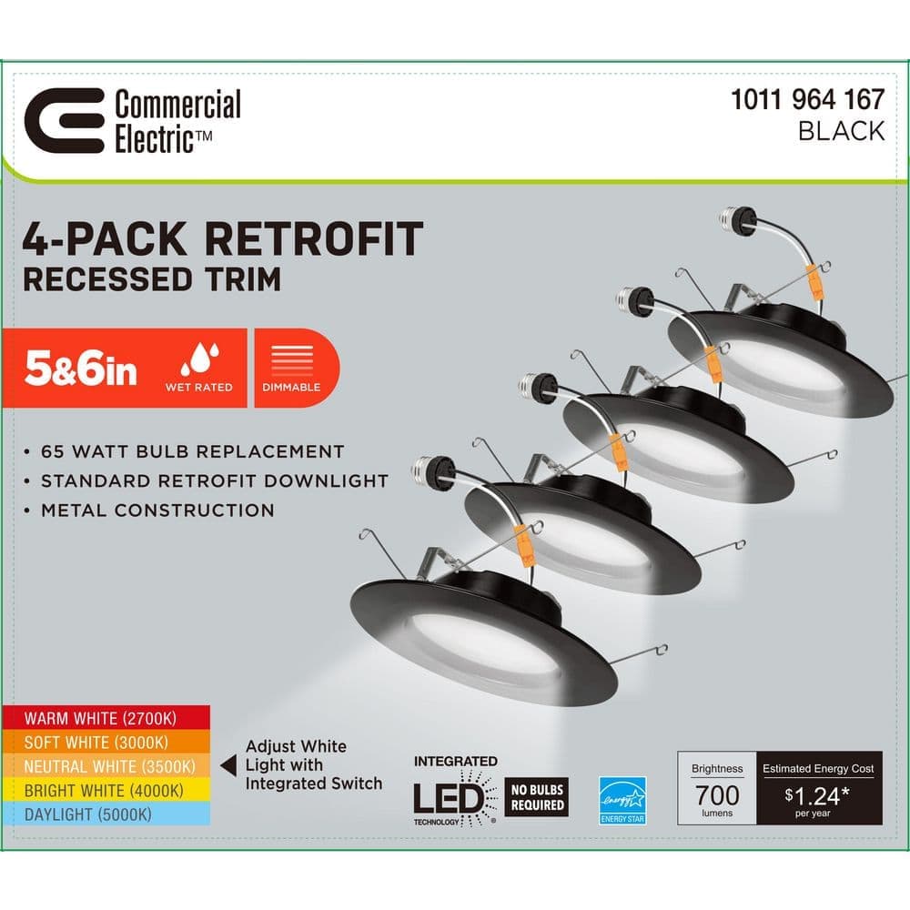 Commercial Electric 4-pack 6 in 5 Ways Color Temperature Selectable Black Integrated LED Recessed Retrofit Trim (4)