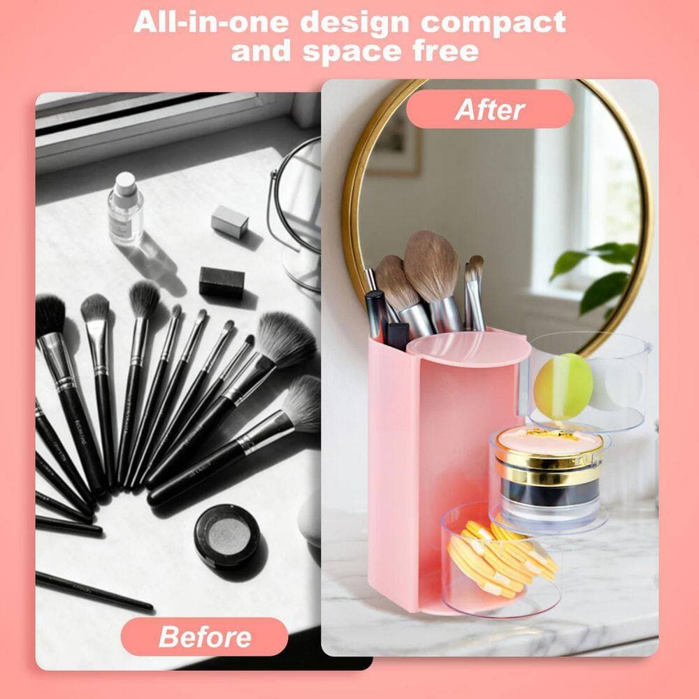 Anqtovp Rotatable Hair Tool Organizer Tabletop Installation in Pink Finish for Brushes, Clips, Jewelry, Makeup Storage Box (3)