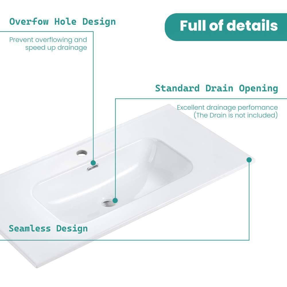 Buruis 36 in. Undermount Ceramic Bathroom Sink in Glossy White with One Predrilled Faucet Hole, Drain Not Included (3)