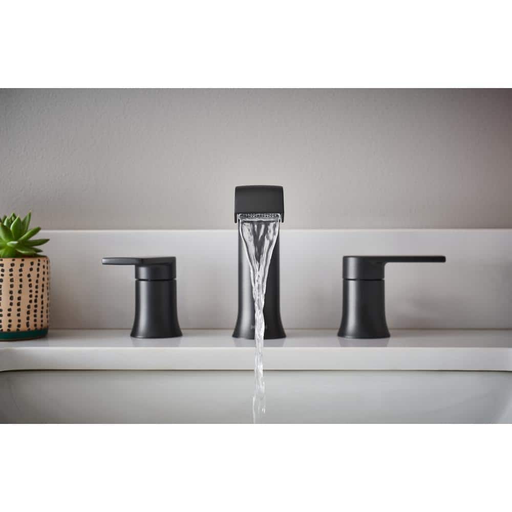 MOEN Genta 8 in. Widespread Double Handle Bathroom Faucet with Drain Kit Included in Matte Black (Valve Included) (4)