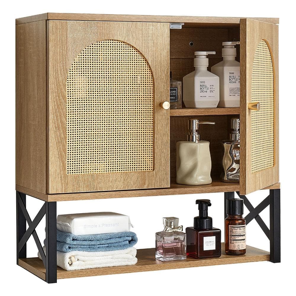 Bunpeony Bathroom Wall Cabinet, 2 Doors with Adjustable Shelf and Open Partition, Over-the-Toilet Wall-Mounted Storage Organizer (2)