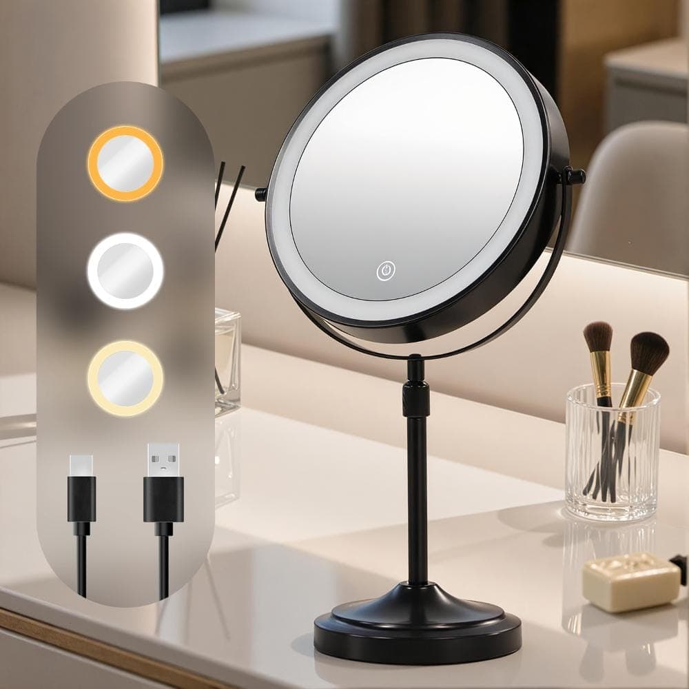 INSEEDE MIRA 8.6 in. Rechargeable LED Lighted Tabletop Makeup Mirror, Double-Sided 1X/10X Magnification in Black