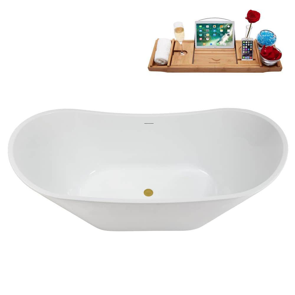 Streamline 67 in. 31 in. Acrylic Freestanding Soaking Bathtub Glossy White with Brushed Gold Drain (3)