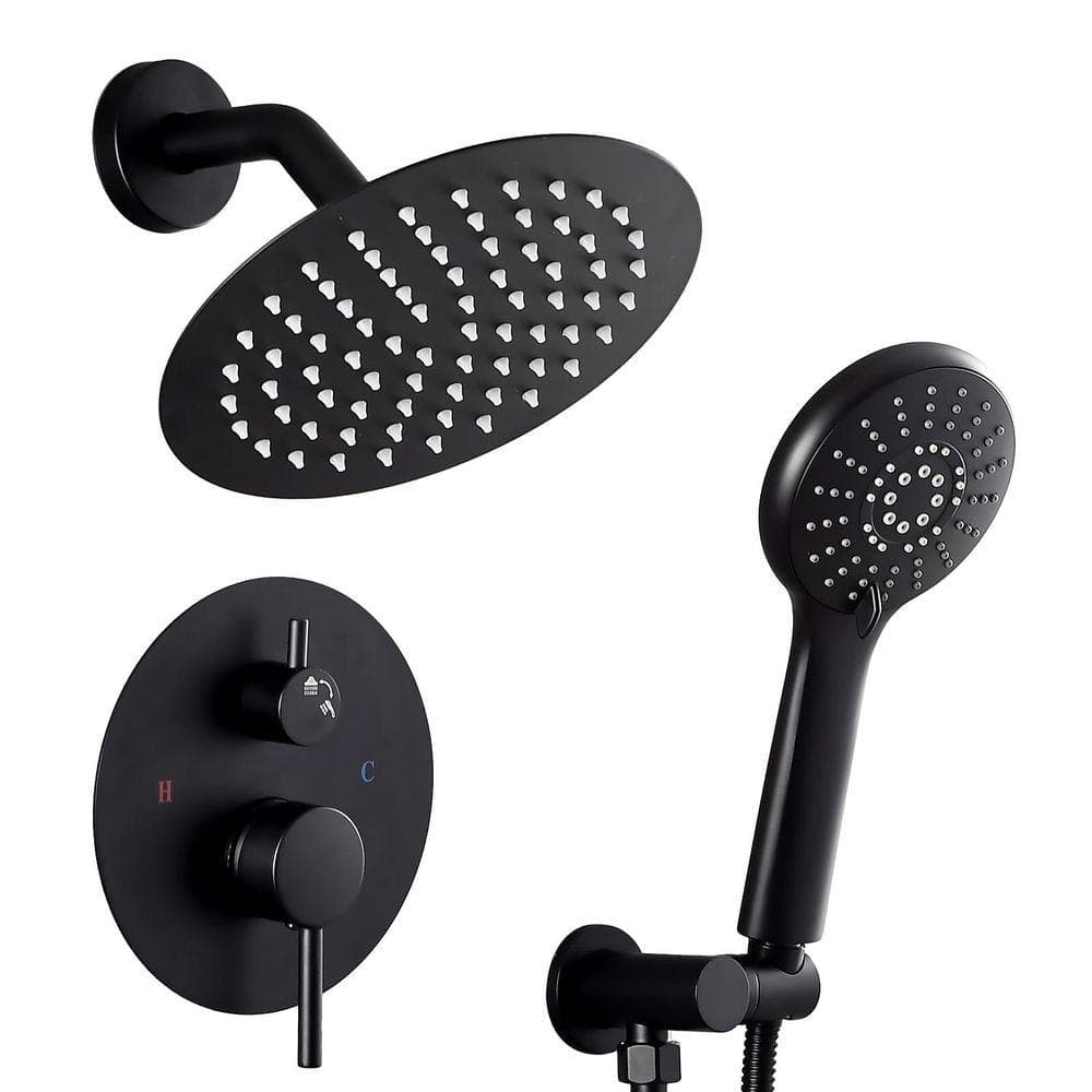 AKLFGN Single Handle 2-Spray 10 in Round Shower Faucet 2.2 GPM with Pressure Balance in Matte Black (1)
