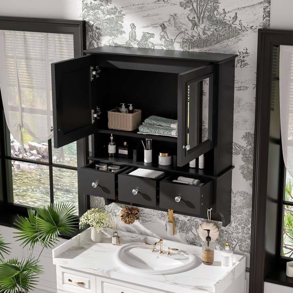 Flynama 24-Inch 4-In-1 Mirror Cabinet, Wall Mount Medicine Cabinet With Drawers And Hooks, Bathroom Storage (2)