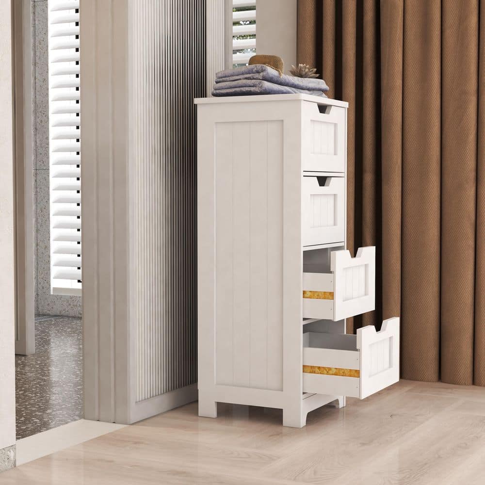SANFANGIE CL 11.81 in. W x 11.81 in. D x 32.68 in. H White MDF Freestanding Linen Cabinet with 4-Drawers (3)