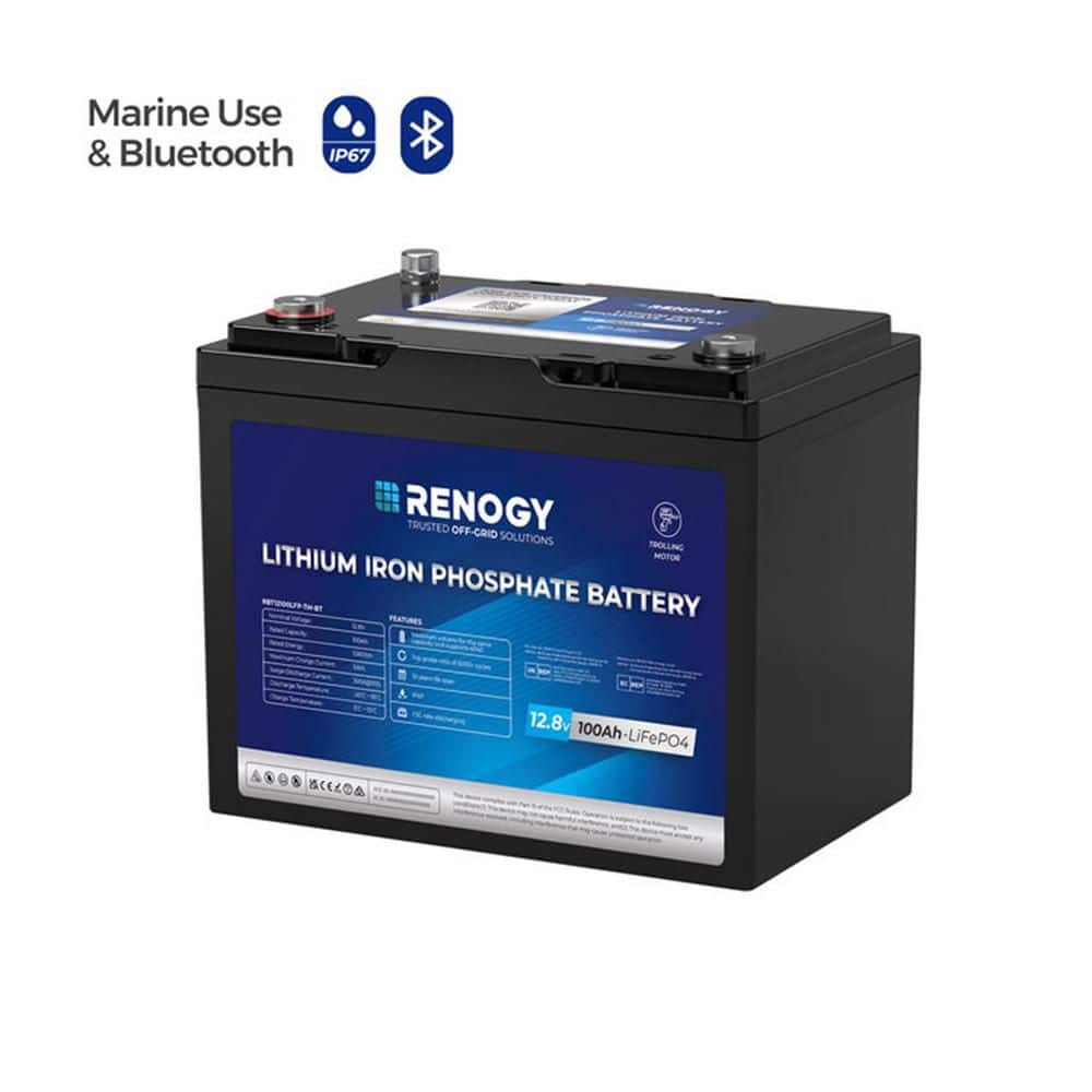 Renogy 12V 100Ah Lithium LiFePO4 Deep Cycle Battery Rechargeable Bluetooth Compact Backup Power w/BMS for Trolling Motor Marine (1)