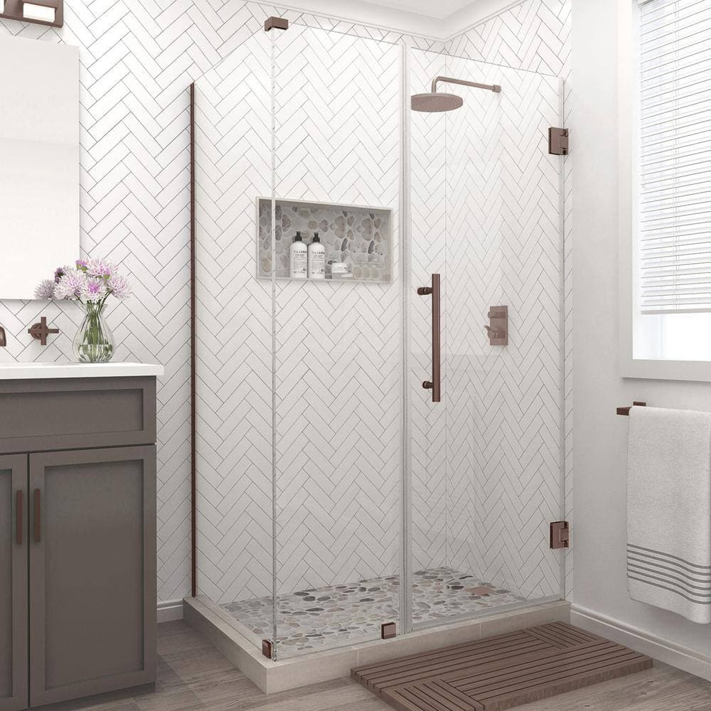 Aston Bromley 44.25 in. to 45.25 in. x 36.375 in. x 72 in. Frameless Corner Hinged Shower Door in Bronze (1)