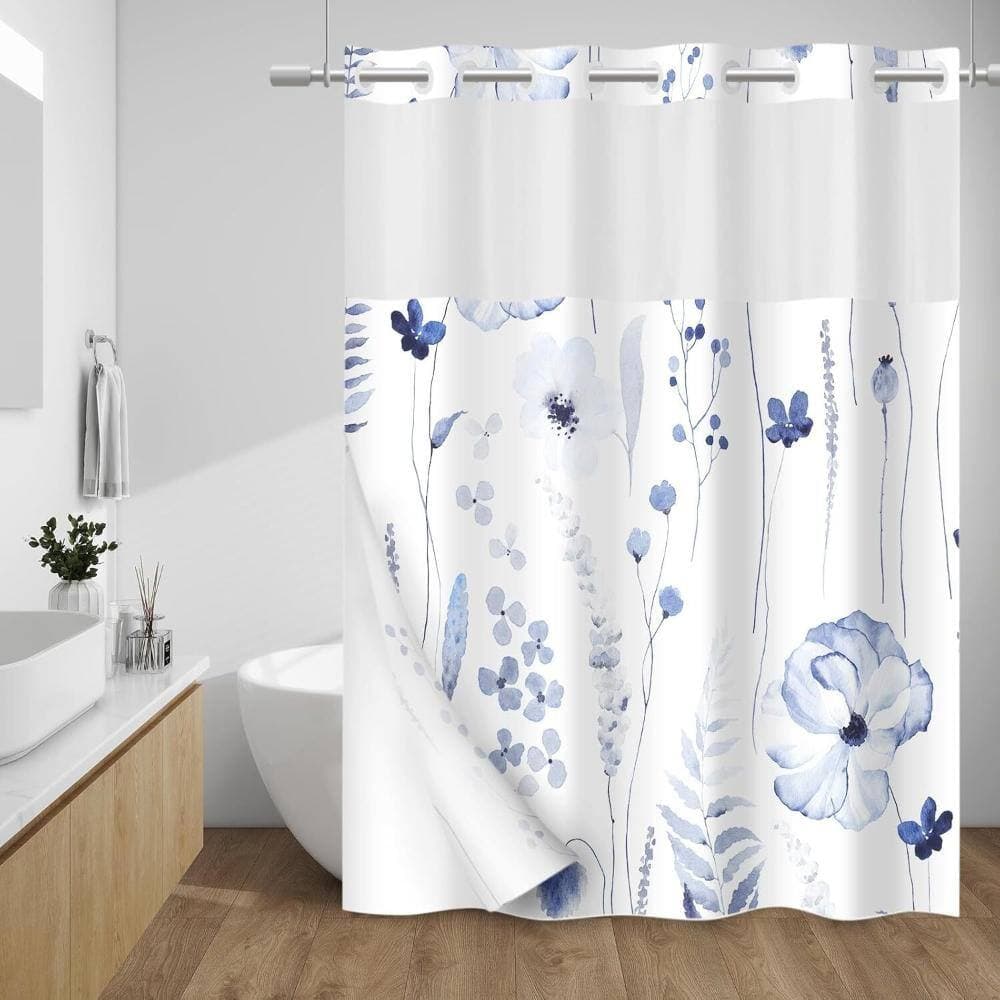 Unbranded Floral No-Hook Shower Curtain with Snap-In Liner,Navy (3)