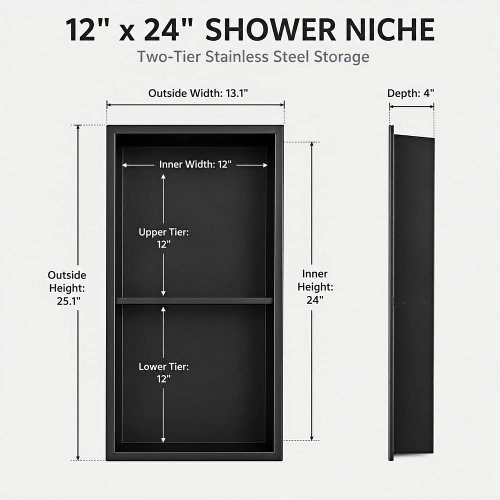 HOMEMYSTIQUE 12 in. W x 24 in. H x 4 in. D Stainless Steel Shower Niche in Matte Black (3)