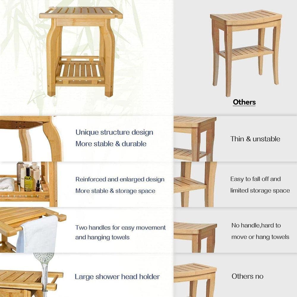 JFVKAF 16 in. W Waterproof 2-Tier Wood Shower Stool in Bamboo with Storage Shelf for Seniors Adults Disabled (3)