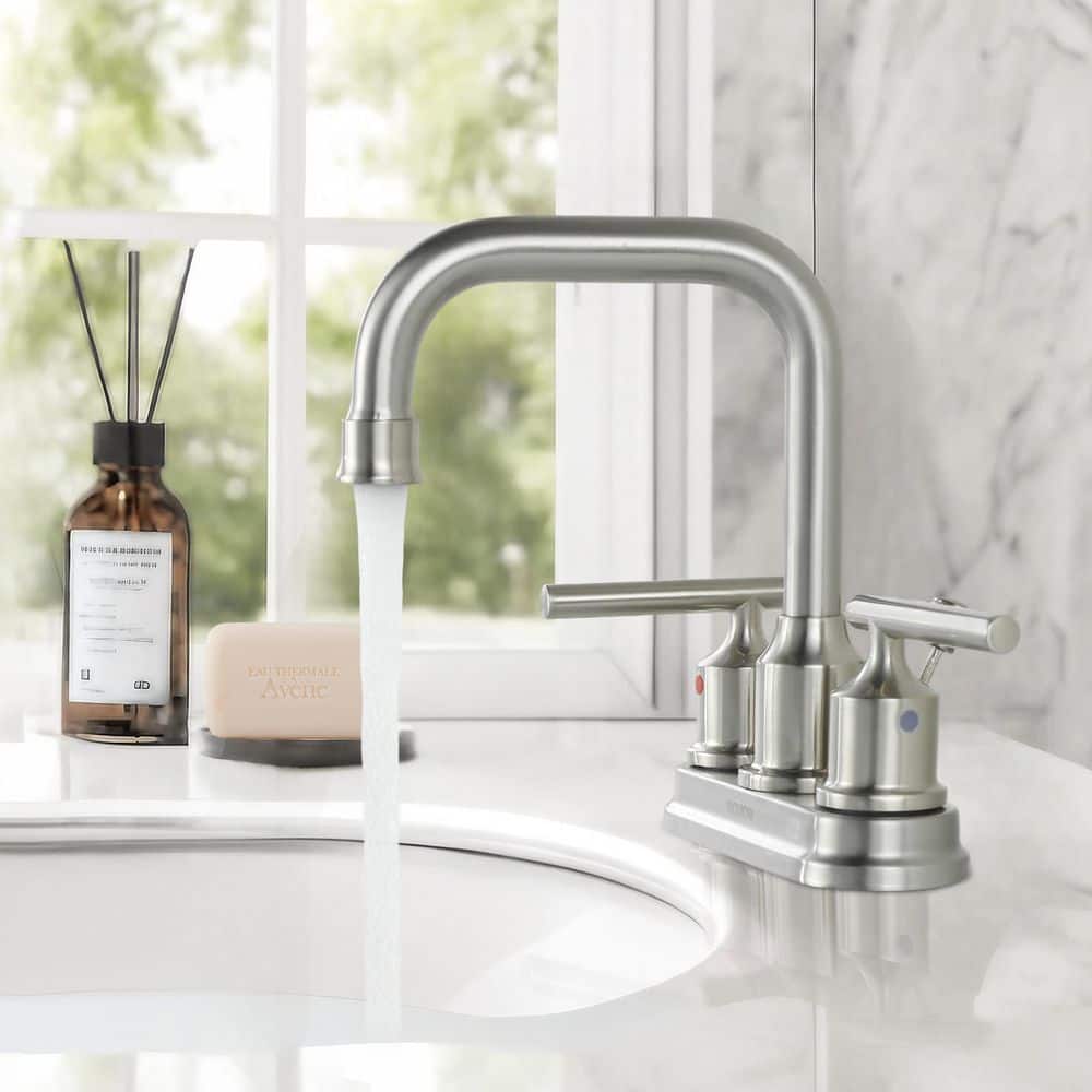 WOWOW 4 in. Centerset Double Handle High Arc Bathroom Faucet with Drain Kit Included in Brushed Nickel (3)