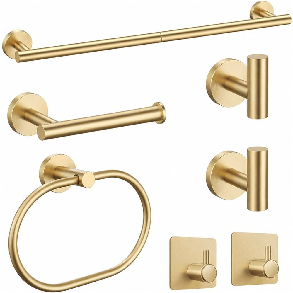 Whatseaso 7-Pack Bathroom Hardware Set 24 in. Wall Mounted Towel Bar Set in Brushed Gold (1)