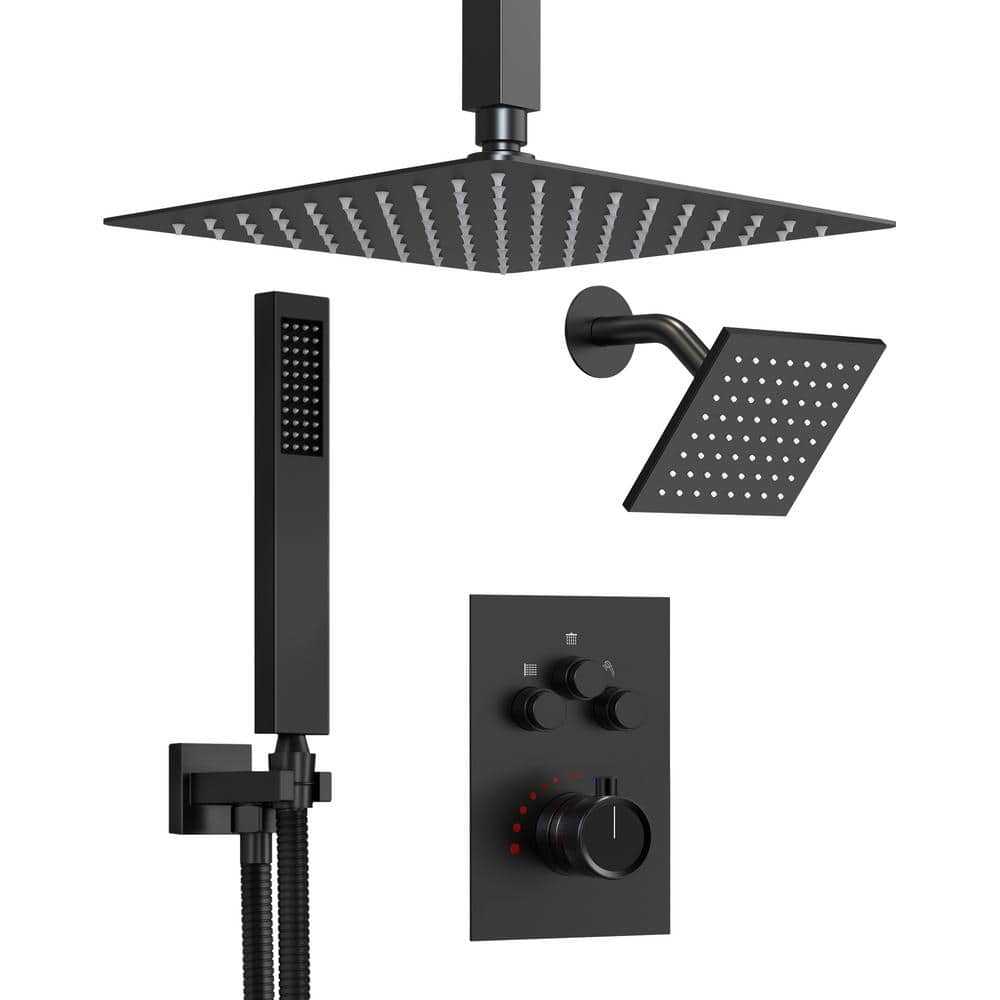 GRANDJOY His and Hers Showers 7-Spray 12 in. Thermostatic Cartridge Wall Bar Shower Kit in Matte Black Valve Included