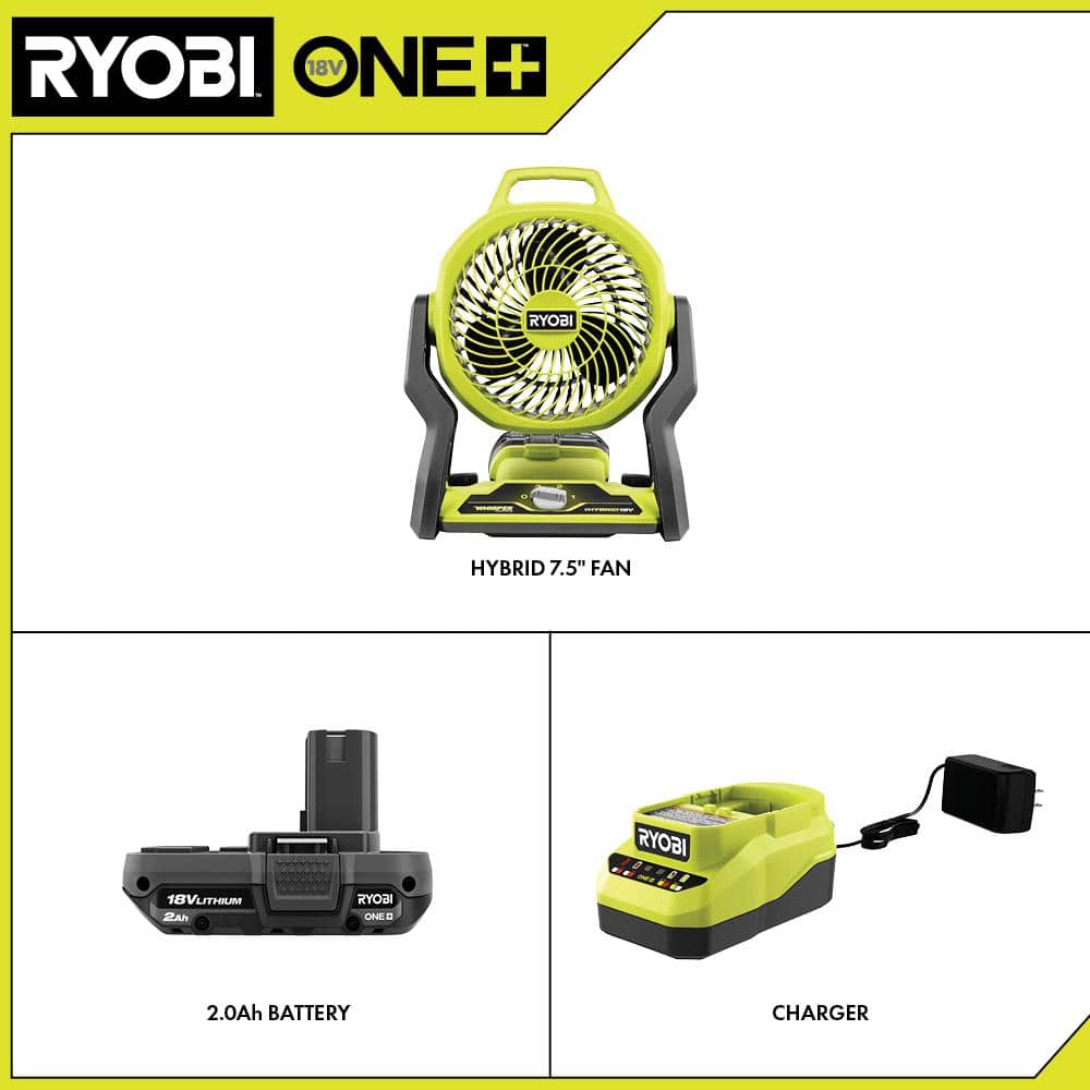 RYOBI ONE+ 18V Cordless Hybrid WHISPER SERIES 7-1/2 in. Fan Kit with 2.0 Ah Battery and Charger (2)