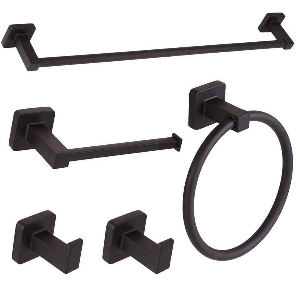 KHKFY 5-Piece Matte Black Wall Mounted Bathroom Hardware Set with 23.6 in Towel Bar, Toilet Paper Holder, Ring and Hooks (1)