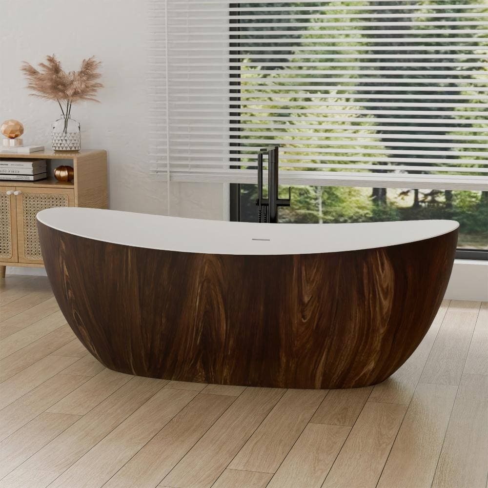 POCCI&VANCCI 67 in. Solid Surface Flatbottom Freestanding Bathtub in White with Rustic Wood Grain Exterior (3)