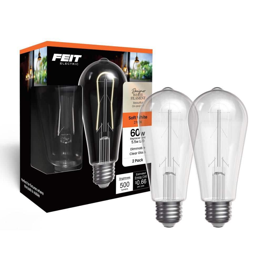 Feit Electric 60W Equiv. ST19 Dim. White U-Filament Clear Glass E26 Vintage Edison LED Straight Tapered Light Bulb Soft White (2-Pack) (2)
