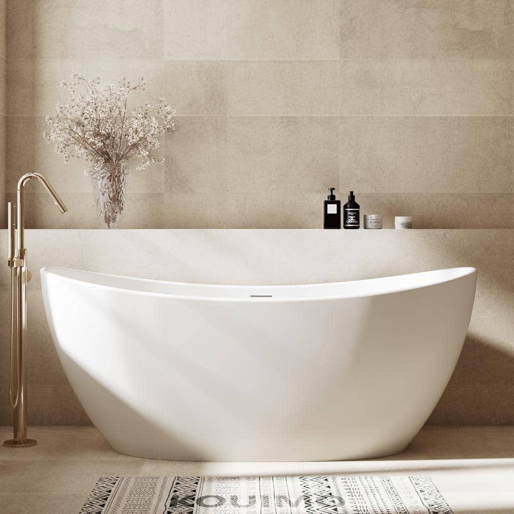 KOUIMO 67 in. Solid Surface Stone Resin Freestanding Soaking Bathtub with Drain, Flat Bottom, Matte White