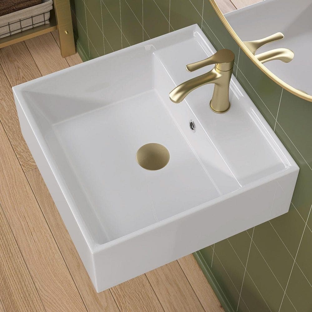 Zeafive 16.5 in. White Ceramic Square Wall-Mount Bathroom Sink Install or On Countertop Vessel Basin w/ Faucet Hole and Overflow (1)
