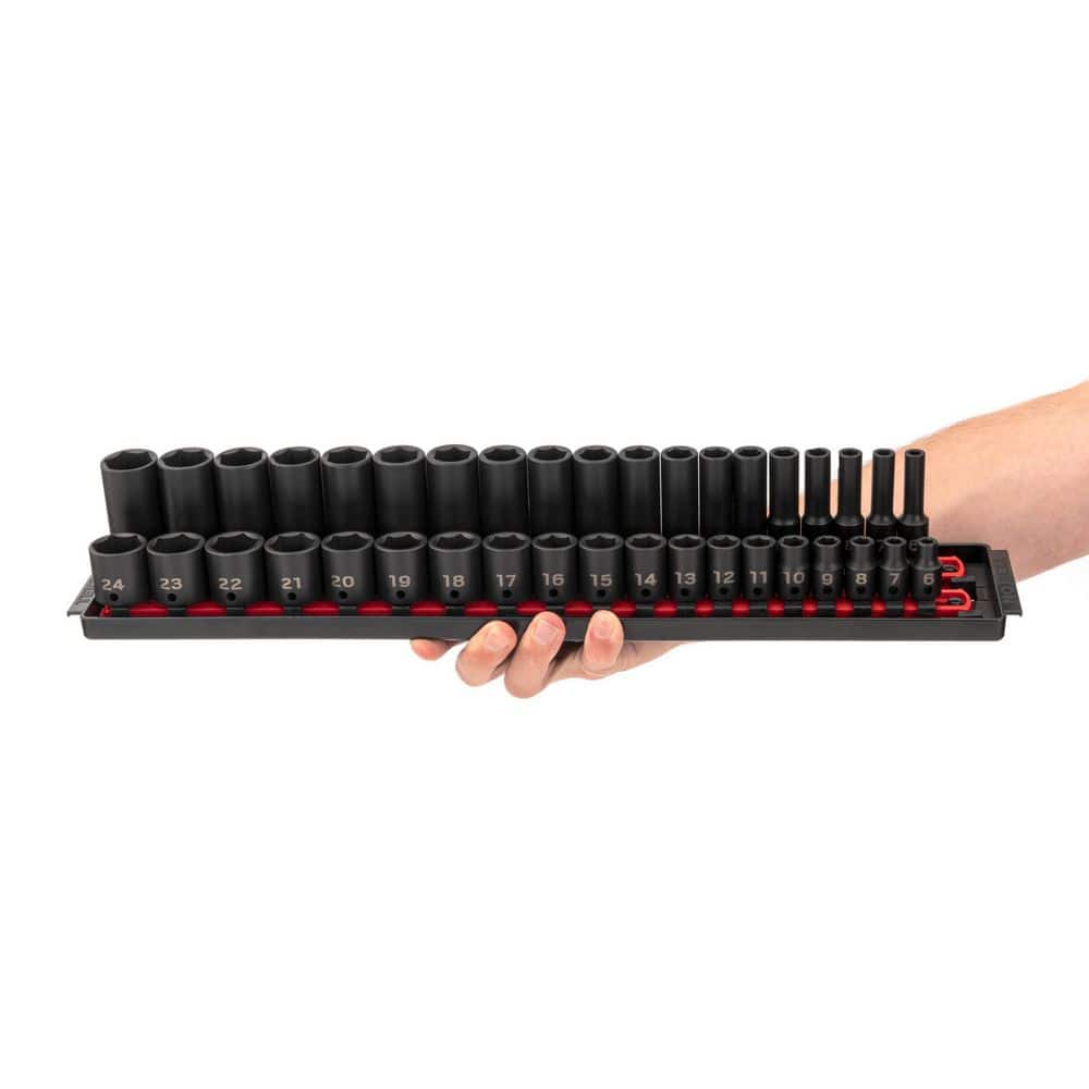 TEKTON 3/8 in. Drive 6-Point Impact Socket Set (38-Piece) (6-24 mm) with Rails (3)