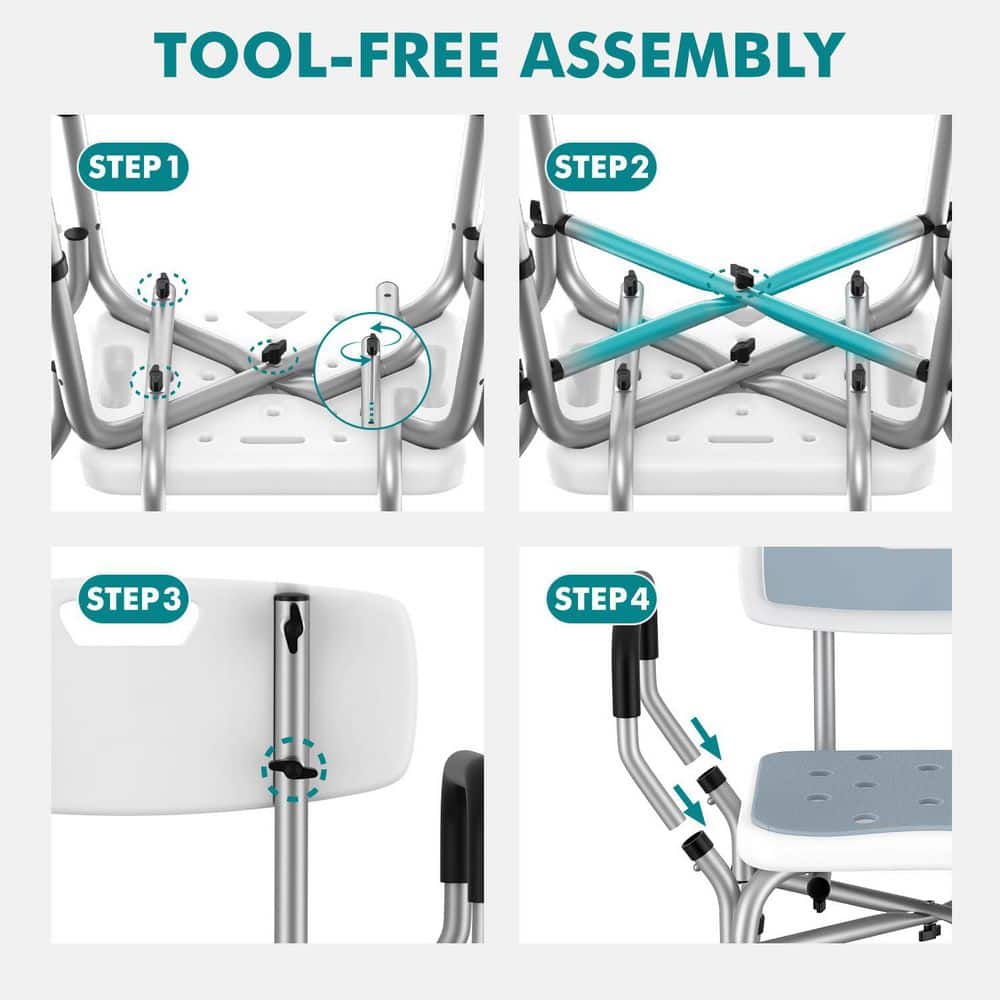 Wudkey 20.5 in. Aluminum Shower Chair with Removable Arms and Back for Elderly in White, 550 lb. Load Load, 6 Adjustable Height (3)