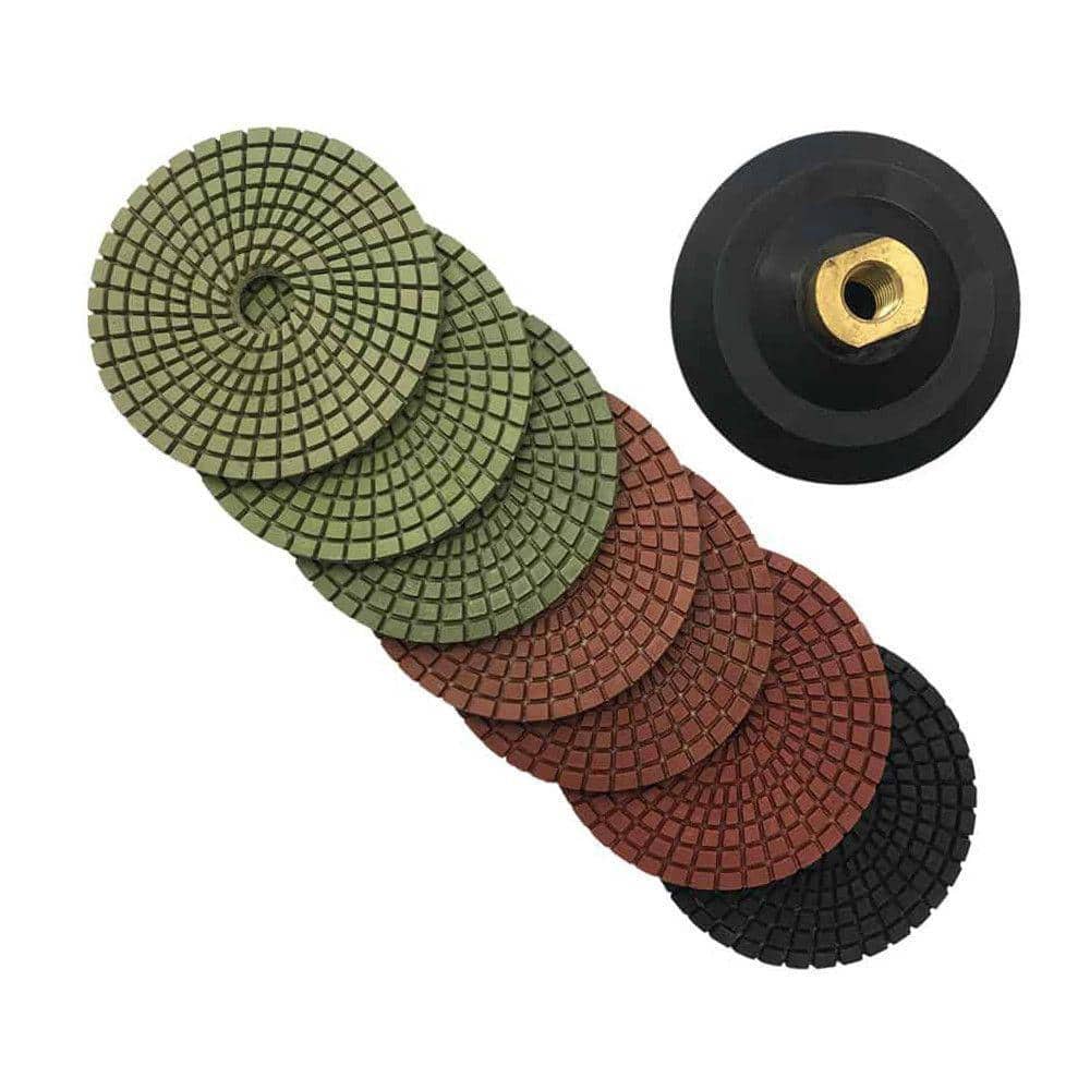 EDiamondTools 4 in. Dark Resin Wet Diamond Polishing Pad Set (50 100 200 400 800 1500 3000 Grit) for Granite Concrete w/Rubber Backer