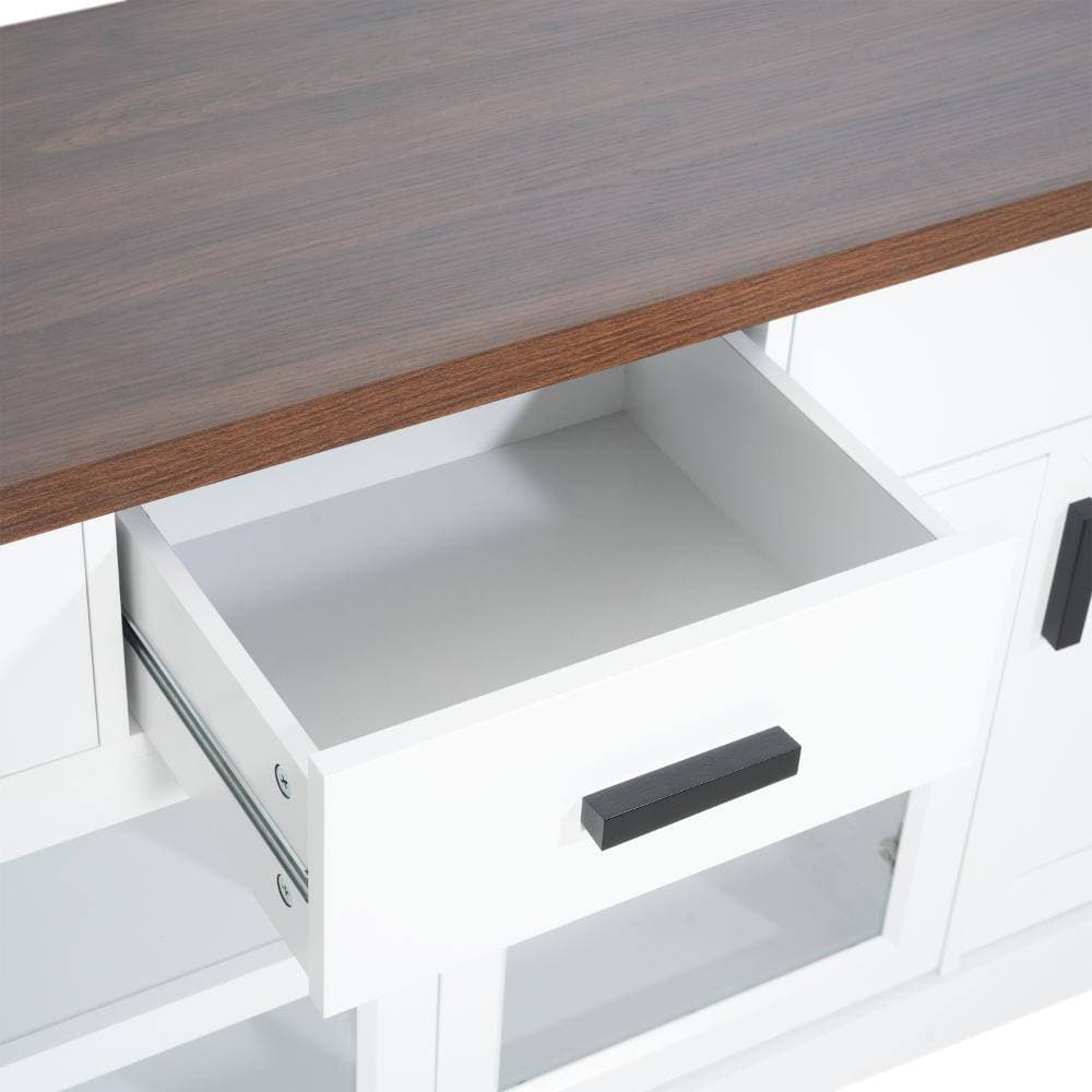COWLOWN 67 in. W x 15.5 in. D x 29.25 in. H White Linen Cabinet with TV Stand, Glass Doors & Storage Drawers, Adjustable Shelves (3)