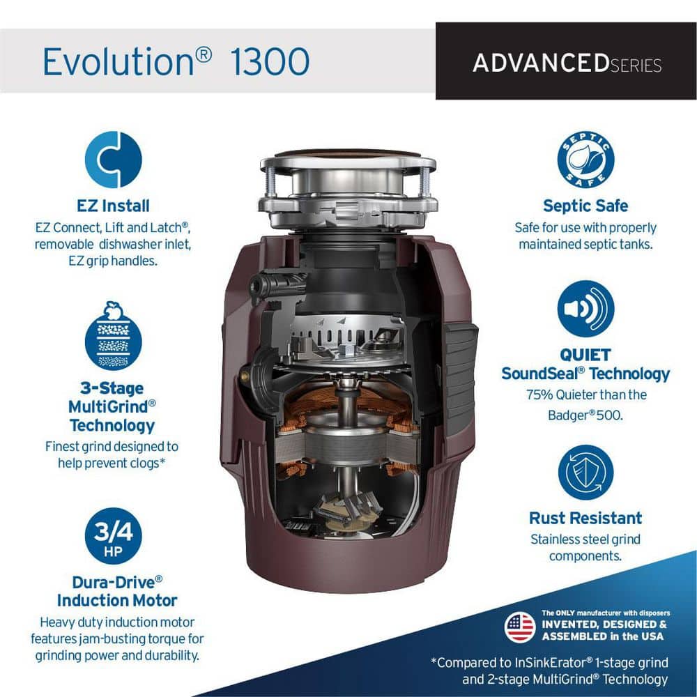 InSinkErator Evolution 1300, 3/4 HP Garbage Disposal, Advanced Series EZ Connect Continuous Feed Food Waste Disposer (3)