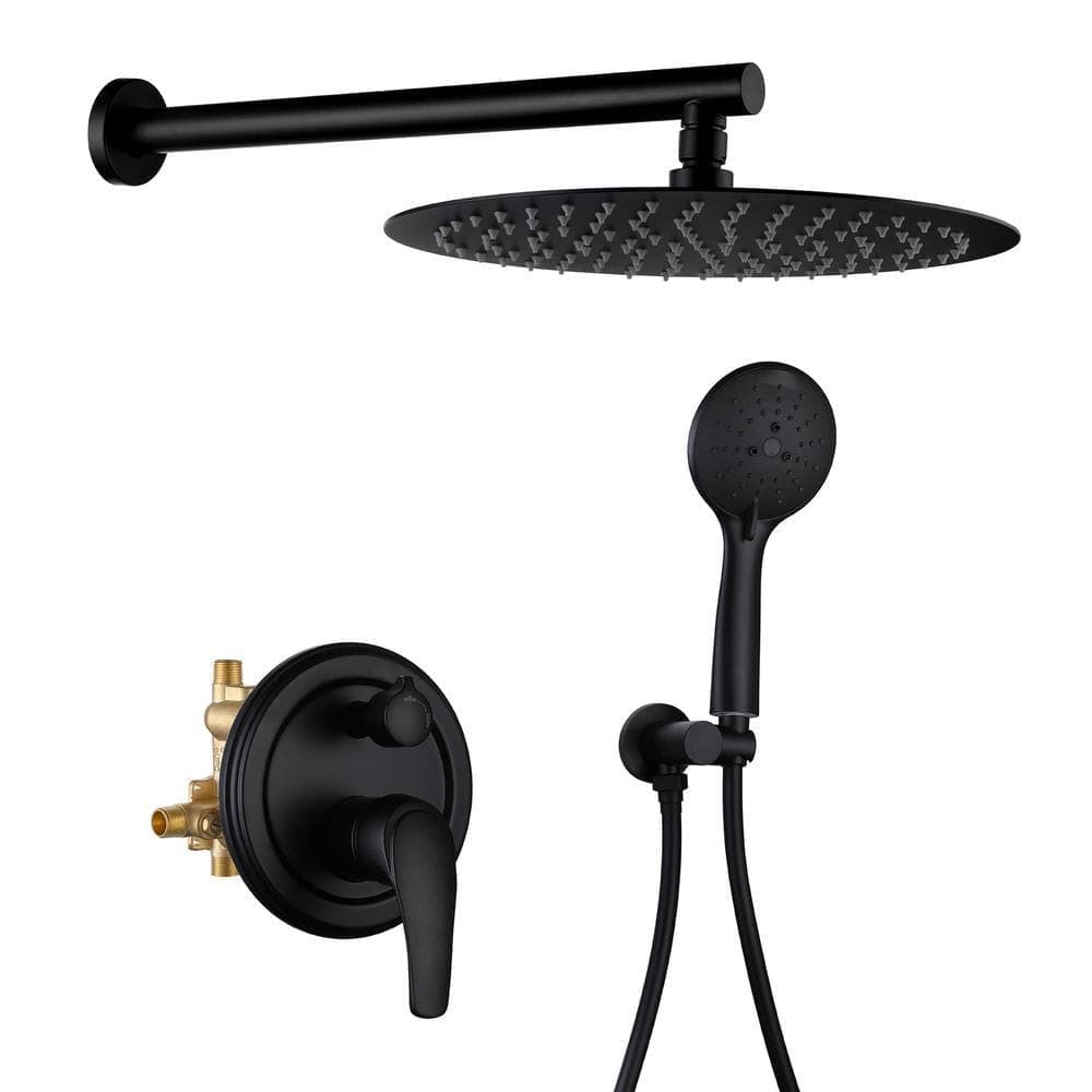 FLG Wall Mount Single-Handle 5-Spray Round Shower Faucet with 12 in. Shower Head in Matte Black (Valve Included) (1)