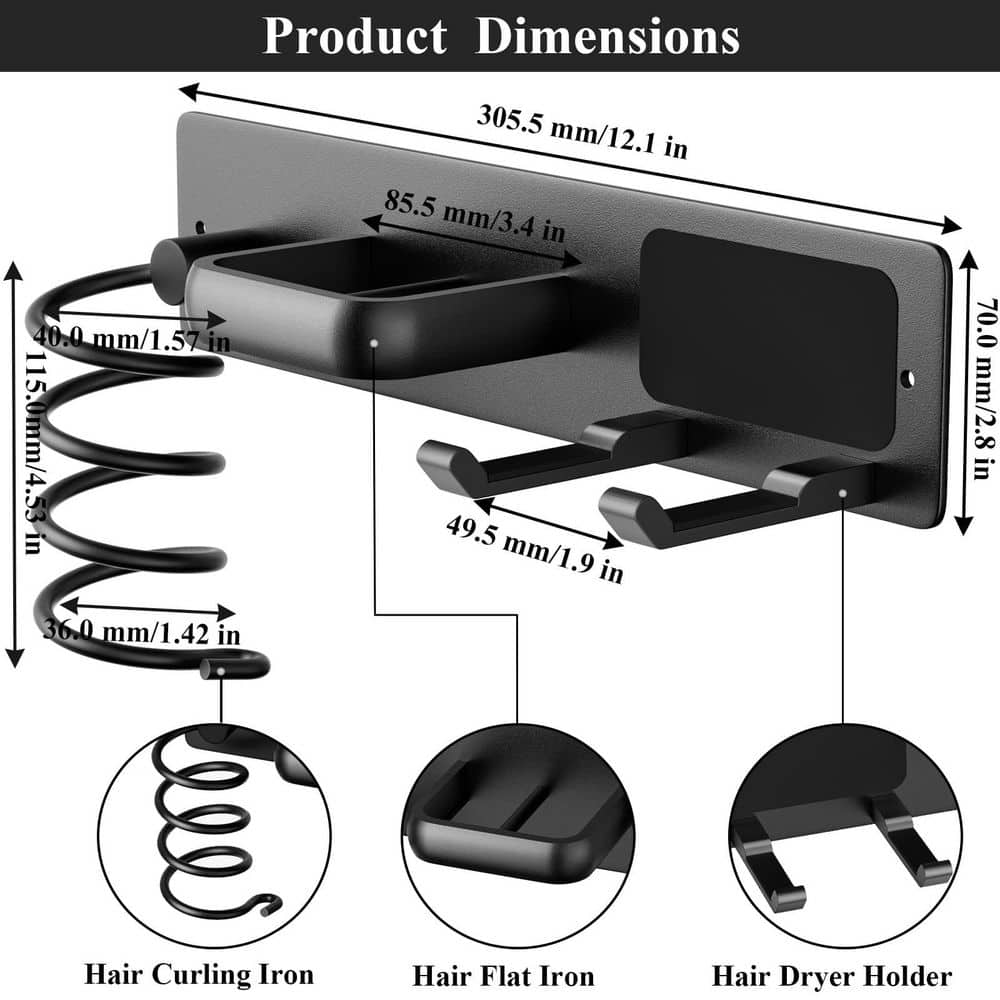 Anqtovp 12.1 in Screw Mount Hair Tool Organizer in Matte Black Wall Mounted 3 in 1 Hair Dryer Curling Iron Holder Rack (3)