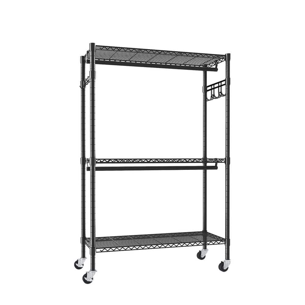 Unbranded 1 in.x2.95 ft. Black Metal Pipe Clothes Rack with Wheels 3 Tiers Adjustable Shelving with 2 Clothes Rails and Side Hooks (1)