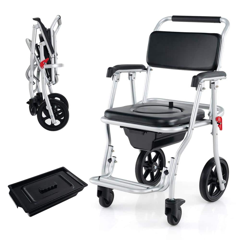 Costway 30 in. x 21.5 in. 4-in-1 Bedside Commode Chair Toilet Seat with Brakes, Bucket Footrest Padded Seat & Backrest (1)