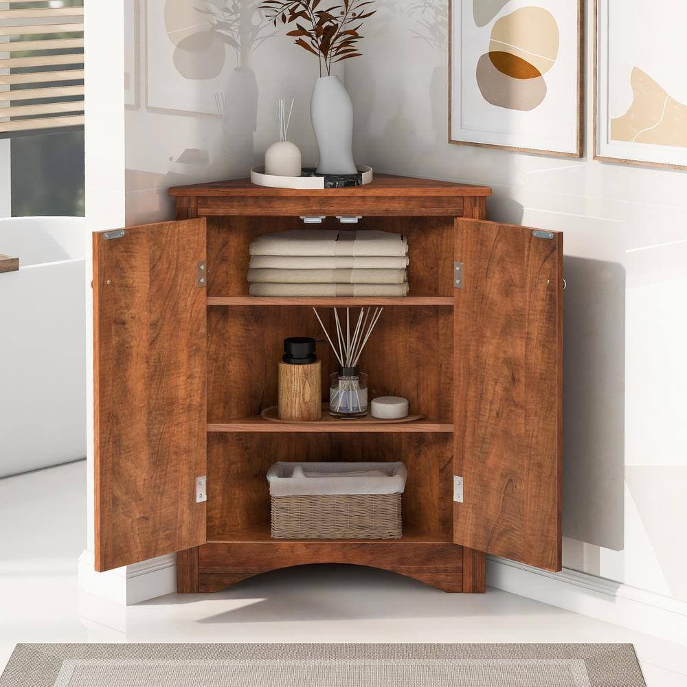 Unbranded Freestanding Triangle 23.6 in. W x 17.2 in. D x 31.5 in. H Brown Bathroom Linen Cabinet with Adjustable Shelves (2)