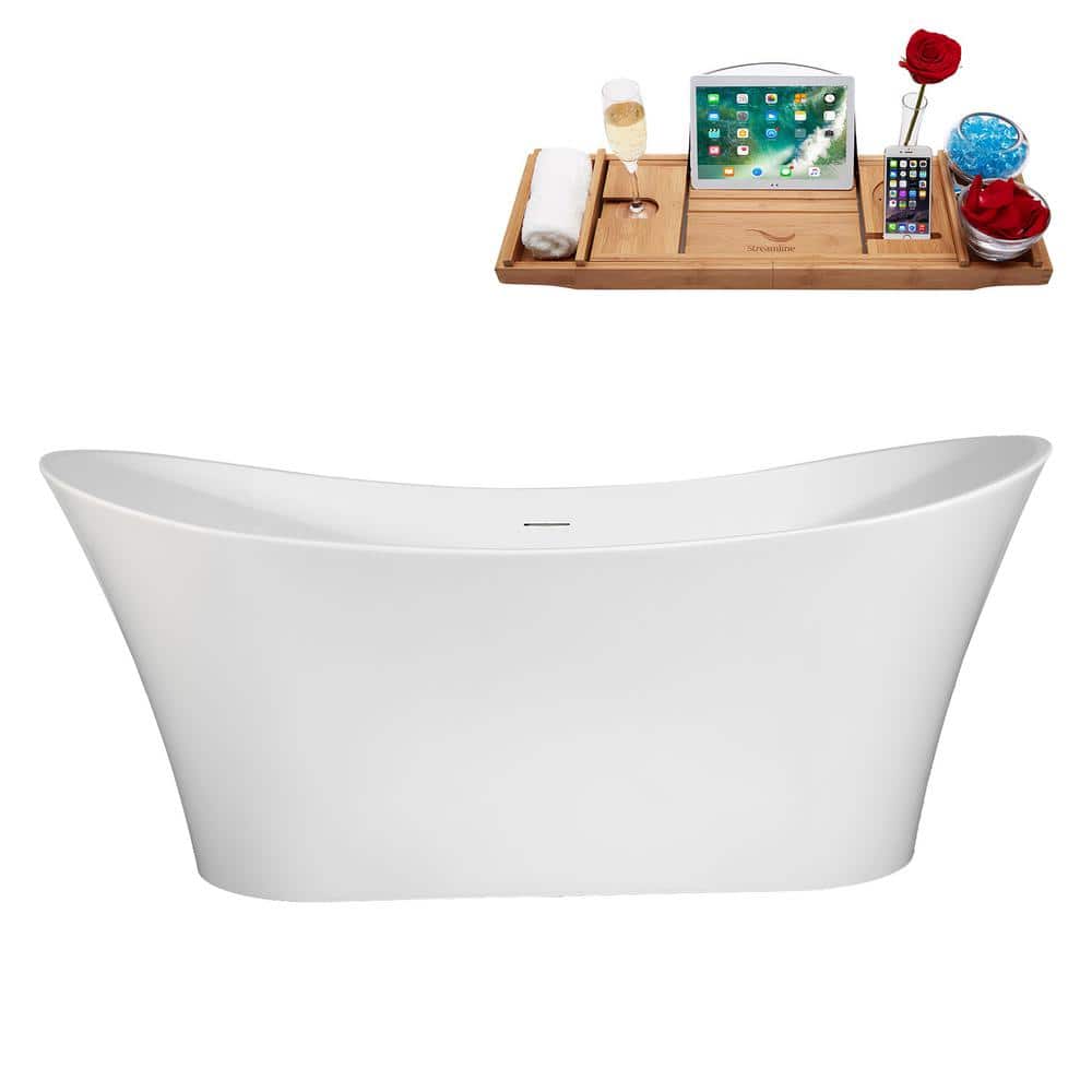 Streamline 67 in. x 31 in. Acrylic Freestanding Soaking Bathtub in Glossy White With Brushed Nickel Drain, Bamboo Tray (1)