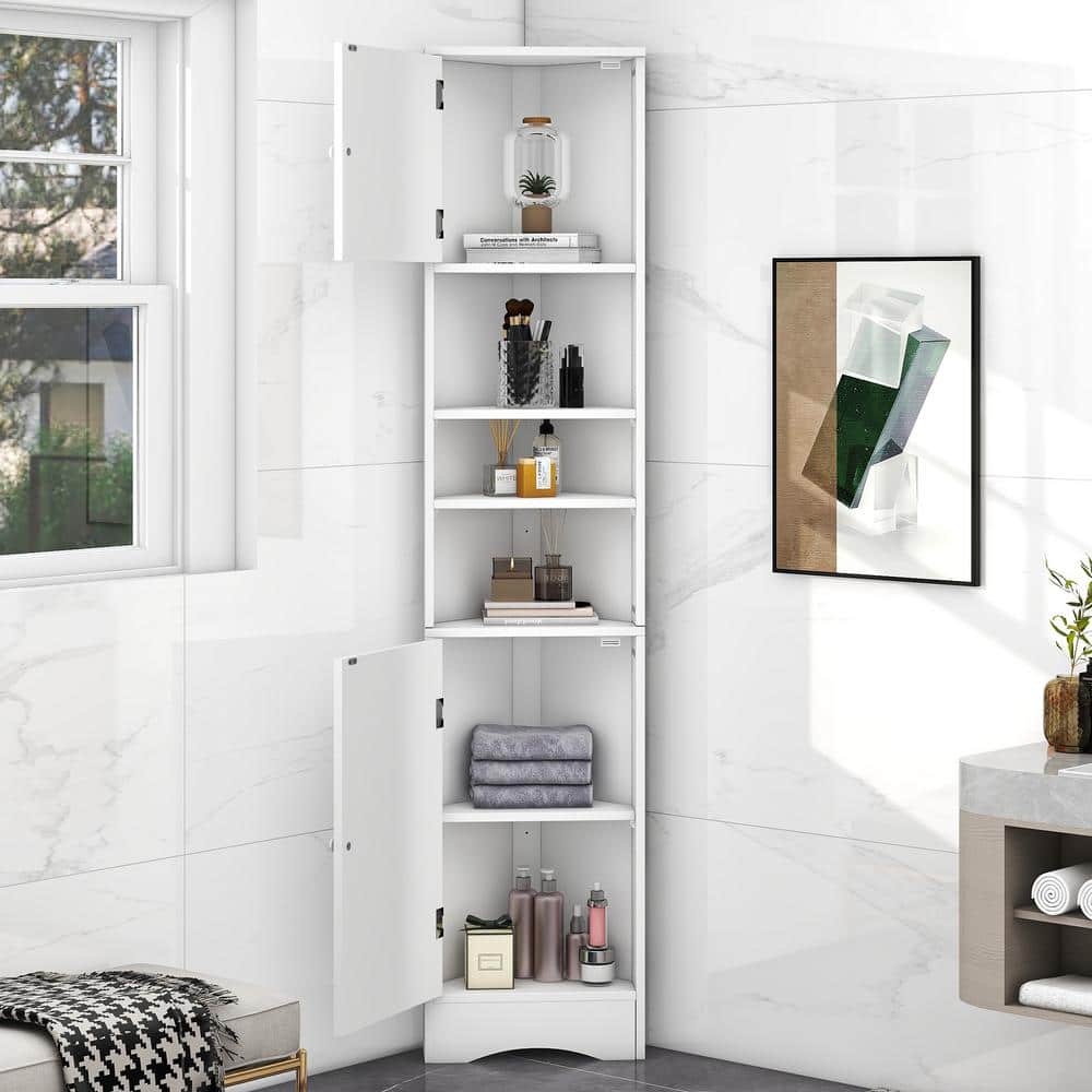 COWLOWN 14.6 in. W 9.4 in. D 66.9 in. H Corner Linen Cabinet with 2-Doors and Adjustable Shelves, Open Shelf (2)