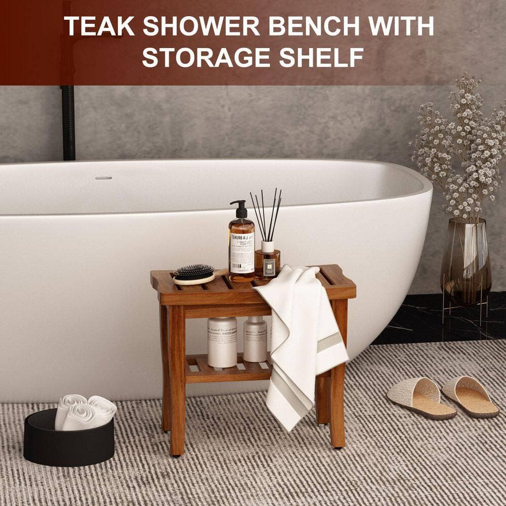 Wudkey Waterproof Teak Shower Bench, Shower Stool in Teak with Storage Shelf, Bathroom Shower Seat for Adults Elderly (2)