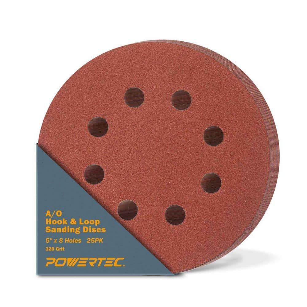 ‎POWERTEC 5 in. 320-Grit Aluminum Oxide Hook and Loop 8-Hole Disc (25-Pack)