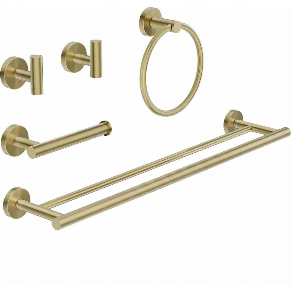 HOMEMYSTIQUE 5-Piece Bathroom Hardware Set with Towel Bar/Rack, Toilet Paper Holder, Towel/Robe Hook, Towel Ring in Brushed Gold (1)