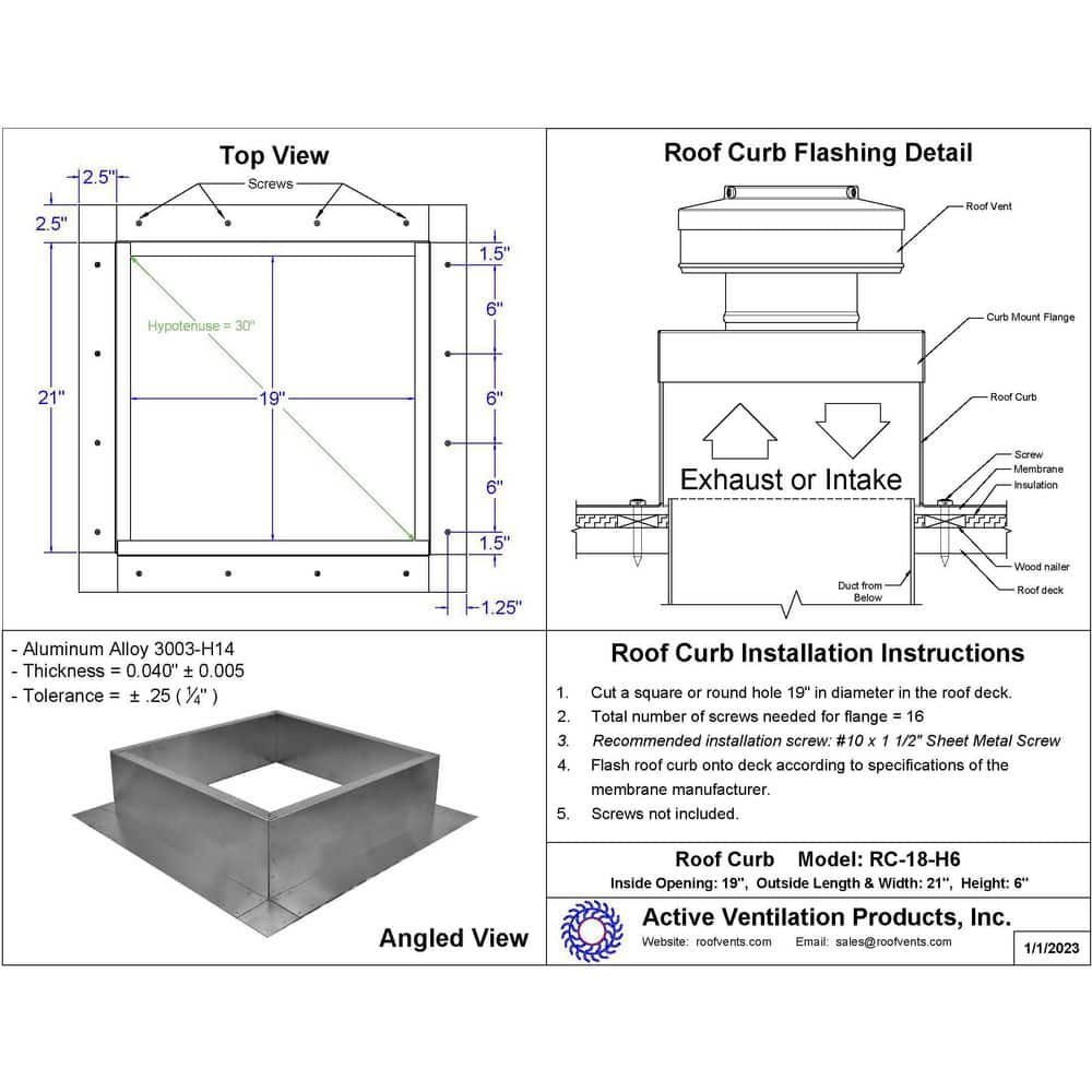 Active Ventilation Box is 21 in. Wide x 21 in. Long x 6 in. High Aluminum Roof Curb (2)