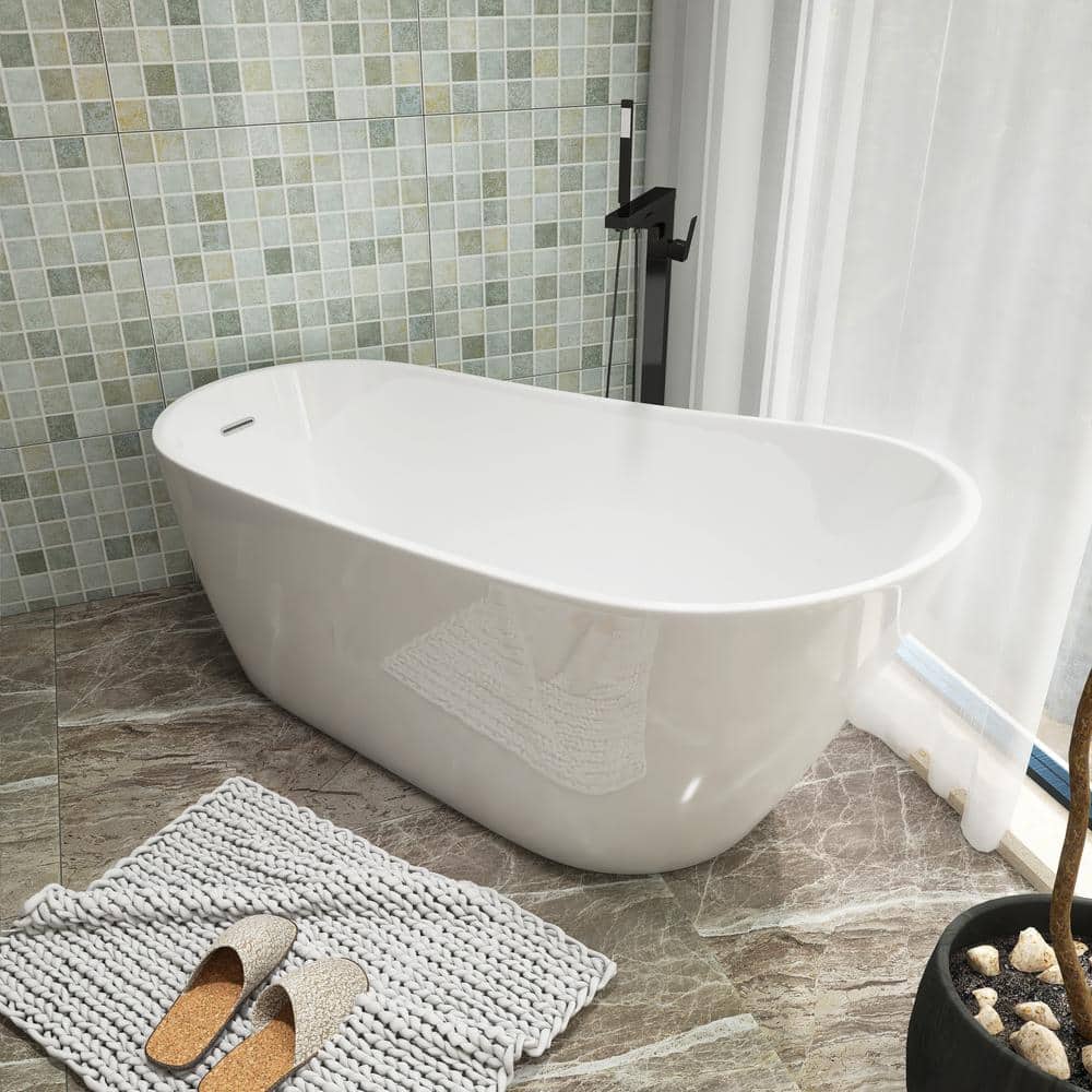 Unbranded 59 in. 31 in. Glossy White Finish Acrylic Freestanding Flatbottom Soaking Bathtub with Chrome Overflow and Drain (2)