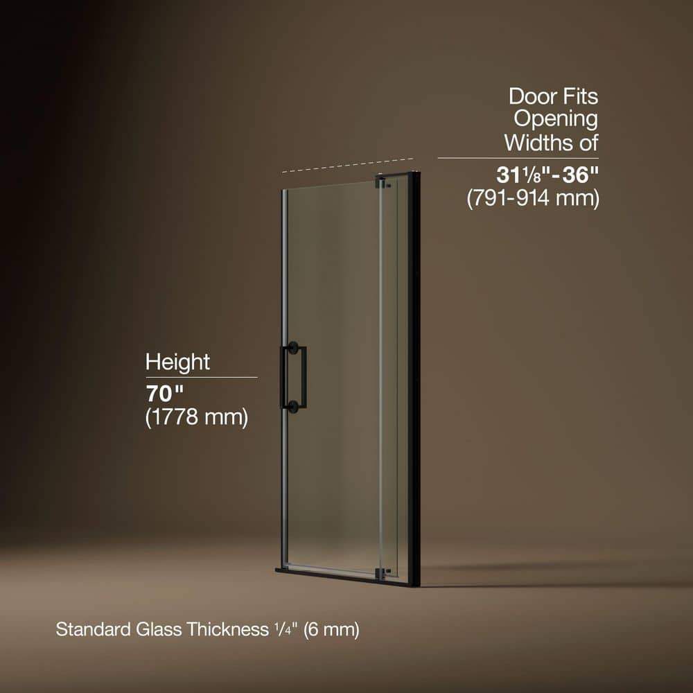 KOHLER Ashan 32-36 in. W x 70 in. H Frameless Pivot Shower Door in Matte Black with 1/4 in. Thick Clear Tempered Glass (4)