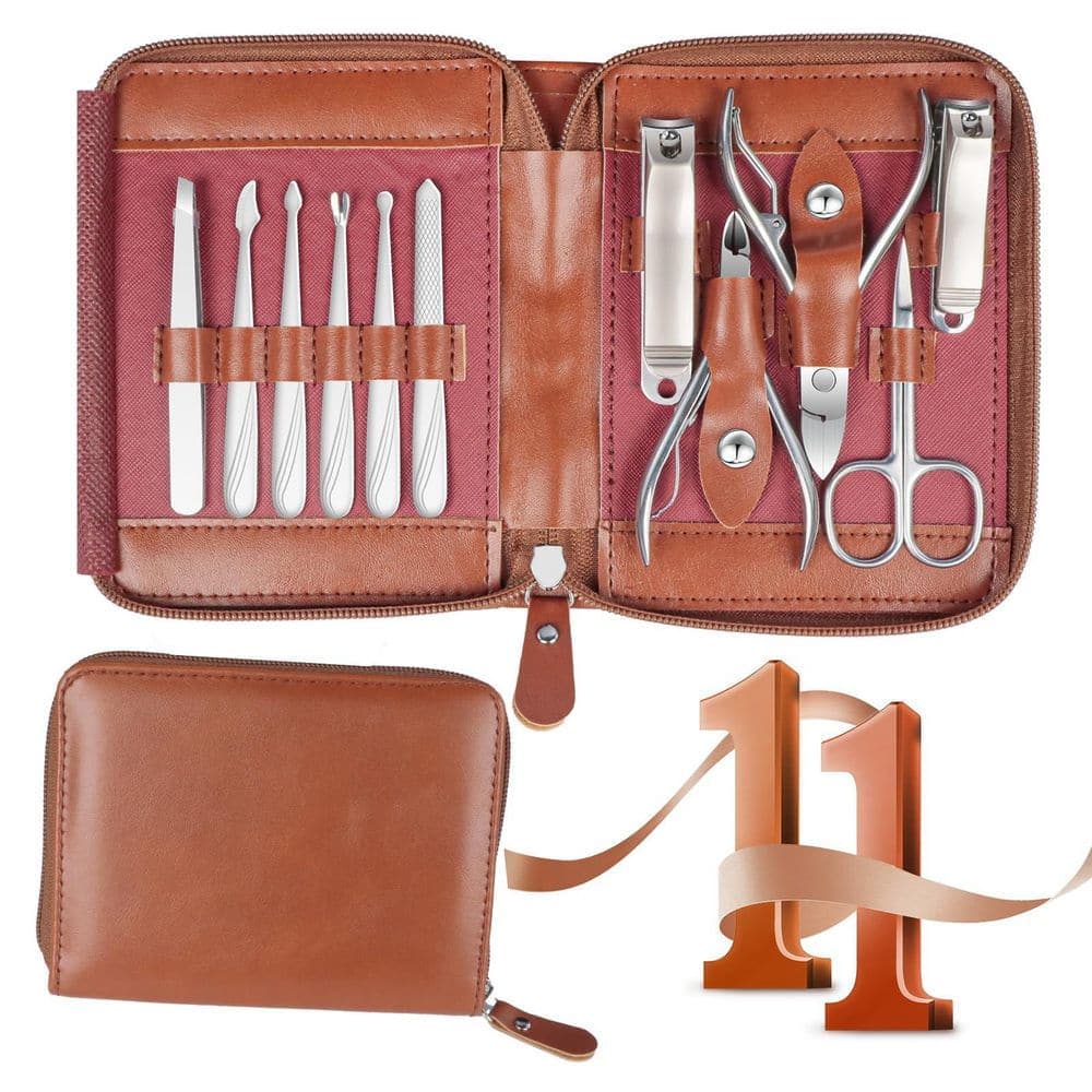 Wudkey 1-Piece Bathroom Accessory Set in Brown, 11 in 1 Stainless Steel Nail Clippers for Men, Manicure Kit for Women (1)