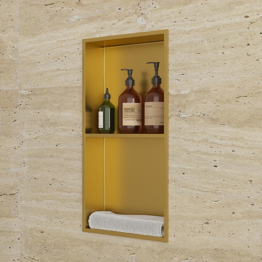 Logmey 13 in. W x 25 in. H x 4 in. D 18-Gauge Stainless Steel Double Shelf Bathroom Shower Niche in Matte Gold (3)