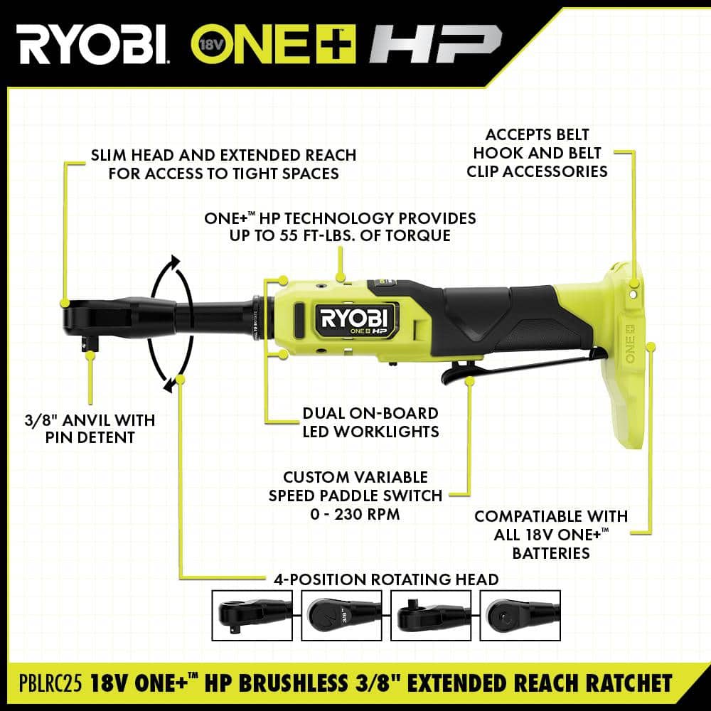 RYOBI ONE+ 18V Brushless Cordless 3/8 in. Extended Reach Ratchet with (1) 2.0 Ah Battery and Charger (3)