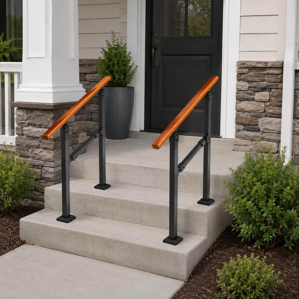 Unbranded 2 Step Wood Grain Metal Handrail Indoor Outdoor Stair Railing Kit for Porch Concrete and Wood Steps (2)