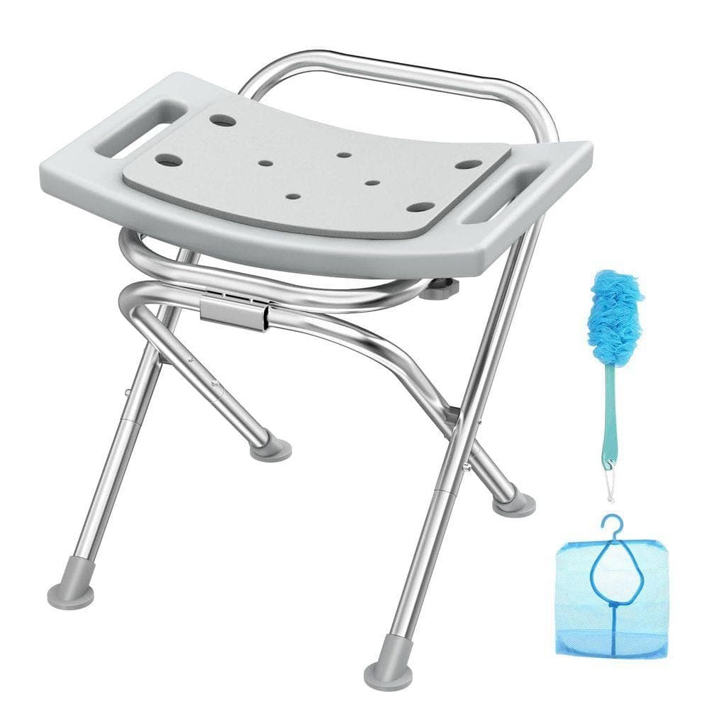Lynzavix 17.5 in. W Folding Shower Chair Stainless Steel Anti-Slip Seat with Pad for Seniors Disabled Gray Freestanding (1)
