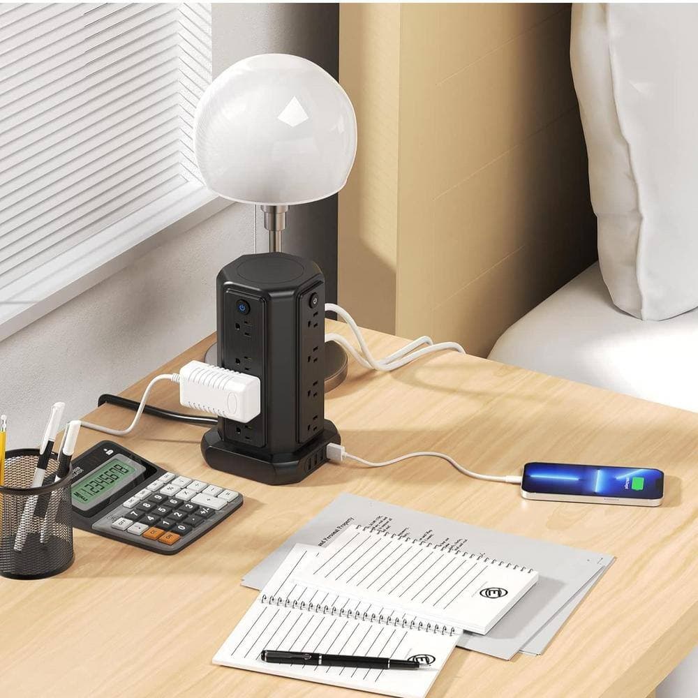 Yichuhaoxi 15 ft. Cord Flat Plug 16-Outlets Surge Protector Power Strip Tower with 4 USB-A Ports, 1080 Joules in Black (2)