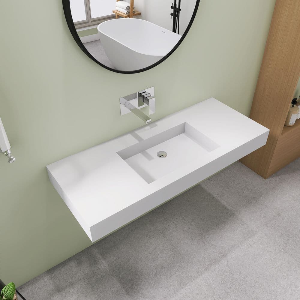 SJ STAR&JANE 47 in. Wall Mount Rectangle Vessel Sink, Solid Surface Bathroom Vessel Sink in White (3)